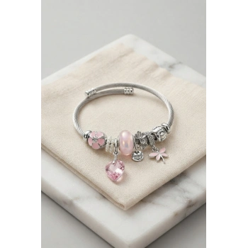 Mey İthalat® Pembe Kristal Kalp Charmlı Gümüş Renk Bileklik