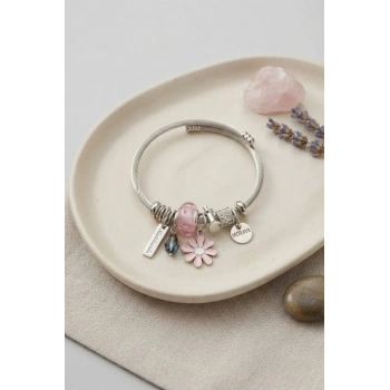 Mey İthalat® Pembe Papatya Charmlı Gümüş Renk Bileklik