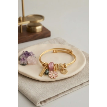 Mey İthalat® Pembe Papatya Model Gold Renk Charmlı Bileklik