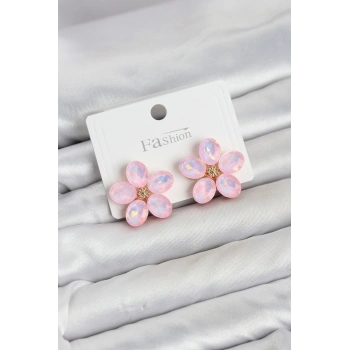 Mey İthalat® Pembe Renk Kristal Taşlı Çiçek Model Kadın Küpe