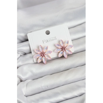 Mey İthalat® Pembe Renk Kristal Taşlı Lotus Çiçek Model Kadın Küpe
