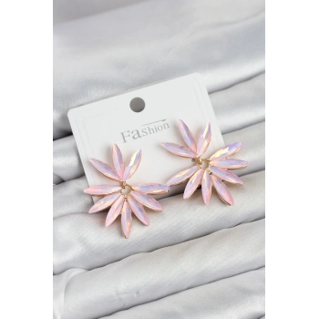 Mey İthalat® Pembe Renk Kristal Taşlı Lotus Model Kadın Küpe