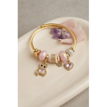 Mey İthalat® Pembe Renk Teddy Bear Model Gold Charmlı Bileklik