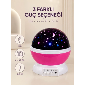 Mey İthalat® Pembe Yıldızlı Gece Lambası Döner Gökyüzü Projeksiyon Işığı