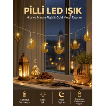 Mey İthalat® Pilli Minareli Hilal LED Işık Gold Metal Ramazan Dekorasyonu