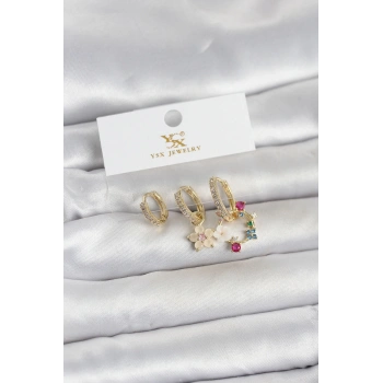 Mey İthalat® Pirinç Gold Renk Çiçek Model 3lü Kadın Küpe