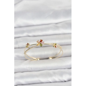Mey İthalat® Pirinç Gold Renk Renkli Çiçek Model Kadın Bileklik