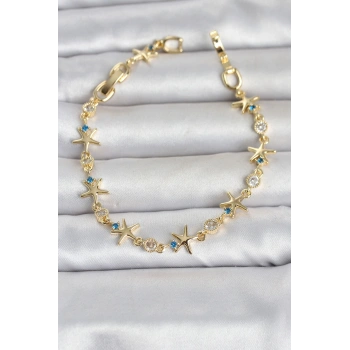 Mey İthalat® Pirinç Gold Renk Sıralı Deniz Yıldızı Model Kadın Bileklik