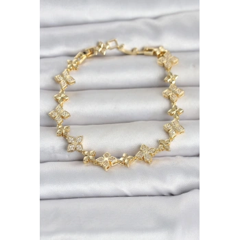 Mey İthalat® Pirinç Zirkon Taşlı Yonca Model Gold Renk Kadın Bileklik