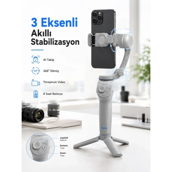 Mey İthalat® Profesyonel Telefon Gimbal Stabilizer 3 Eksen Sabitleme Çoklu Çekim Modları Uzun Pil Ömürlü Taşınabilir Tasarım