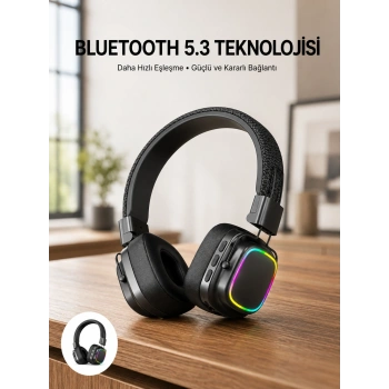 Mey İthalat® Renkli Işık Efektli Bluetooth 5.3 Müzik Kulaklığı Yeni Nesil
