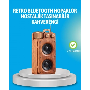 Mey İthalat® Retro Bluetooth Hoparlör Ahşap Görünümlü 5W Çift Stereo Ses