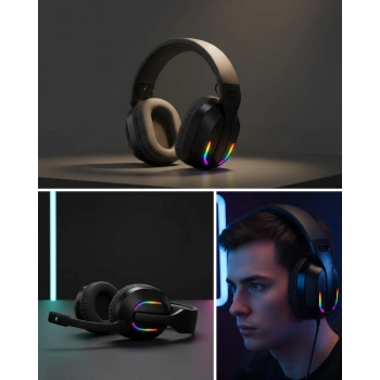 Mey İthalat® RGB Aydınlatmalı Kablosuz Oyuncu Kulaklığı Konsol ve PC Uyumlu