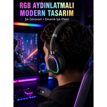 Mey İthalat® RGB Işıklı Bluetooth Mikrofonlu Kulaklık Uzun Süreli Kullanım Type-C Şarjlı