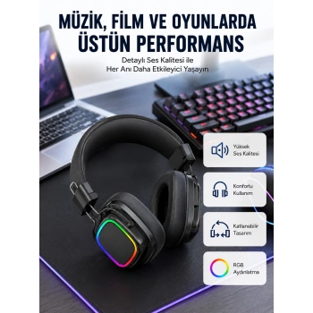 Mey İthalat® RGB Işıklı Katlanabilir Bluetooth 5.3 Kulak Üstü Kulaklık