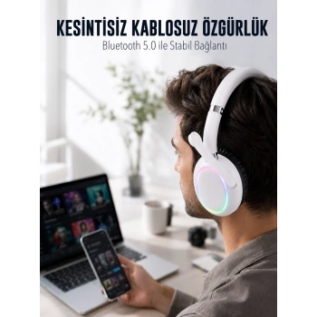Mey İthalat® RGB Işıklı Mikrofonlu Bluetooth Kulaklık Beyaz Over-Ear Tasarım Type-C Şarjlı