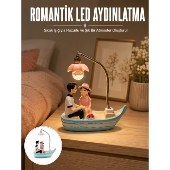 Mey İthalat® Romantik Sandal Üzerinde Çift Figürü LED Gece Lambası Masa Dekoru Yeni Nesil