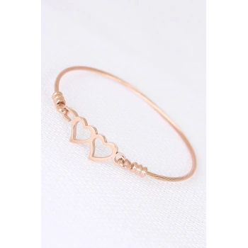 Mey İthalat® Rose Çelik Çift Kalp Figürlü Erkek Kelepçe Bileklik