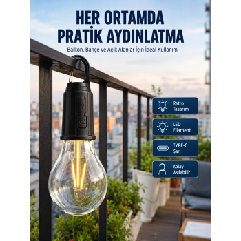 Mey İthalat® Şarjlı Dekoratif Kamp Lambası Askılı Ampul Led Işık Type-C Girişli