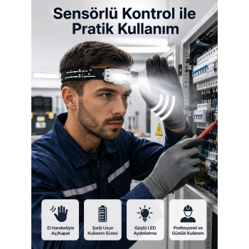 Mey İthalat® Sensörlü Kamp Lambası Ayarlanabilir Kafa Lambası Kafa Bantlı