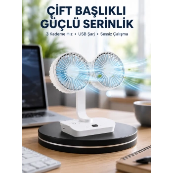 Mey İthalat® Sessiz Çalışan USB Şarjlı Çift Kafalı Masaüstü Fan – Ev ve Ofis İçin