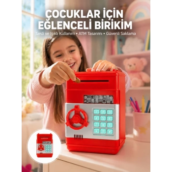 Mey İthalat® Şifreli Kırmızı ATM Tasarımlı Çelik Kasa Görünümlü Kumbara