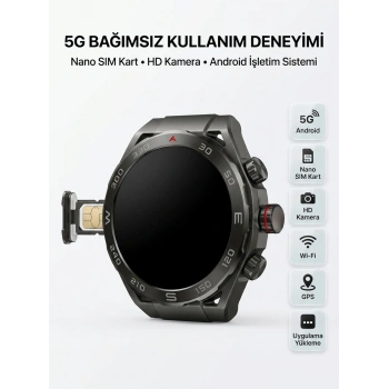 Mey İthalat® SIM Kartlı 5G Android Akıllı Saat HD Kamera Wi-Fi GPS Uygulama Yükleyebilen