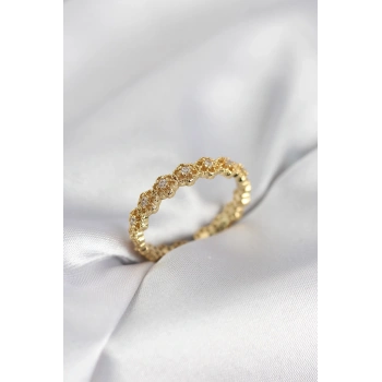Mey İthalat® Sıralı Çiçek Model Gold Renk Zirkon Taşlı Kadın Yüzük