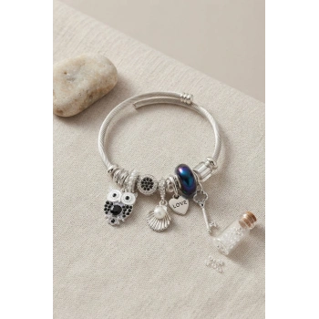 Mey İthalat® Siyah Baykuş Charmlı Gümüş Renk Bileklik