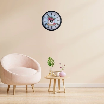 Mey İthalat® Siyah Floral Tea Cup Duvar Saati