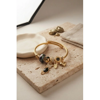 Mey İthalat® Siyah Kedi Model Gold Renk Charmlı Bileklik