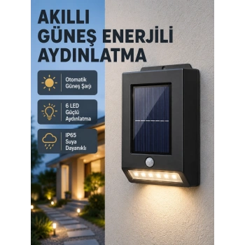 Mey İthalat® Solar Güçlü 6 LED Dış Mekan Lambası – Otomatik Aç/Kapa Işık Sensörlü Aydınlatma