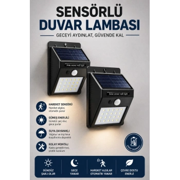 Mey İthalat® Solar Sensörlü Duvar Lambası Bahçe Lamba 20 Led Işık