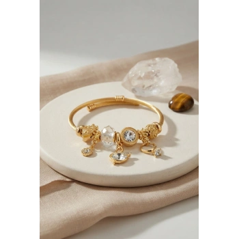 Mey İthalat® Swan Model Gold Renk Beyaz Charmlı Bileklik