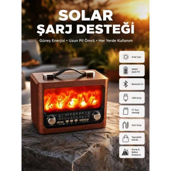 Mey İthalat® Taşınabilir Şömine Görünümlü Bluetooth Hoparlör – Solar Şarjlı, Alev Işıklı, 7W Ses