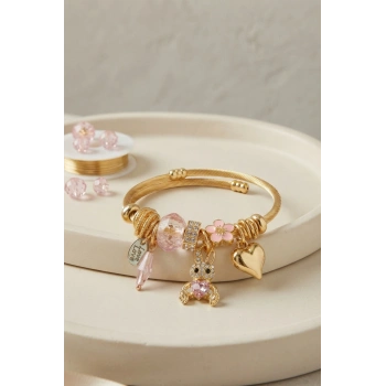 Mey İthalat® Tavşan Model Gold Renk Pembe Charmlı Bileklik
