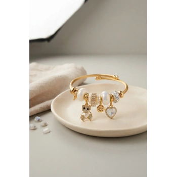Mey İthalat® Tedy Bear Model Gold Renk Beyaz Charmlı Bileklik