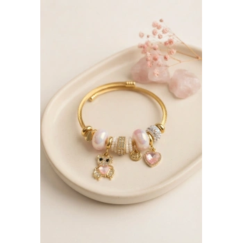 Mey İthalat® Tedy Bear Model Gold Renk Pembe Charmlı Bileklik