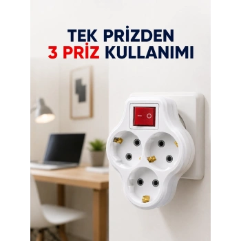 Mey İthalat® Tek Prizi 3’lü Yapan Anahtarlı Priz Adaptörü Topraklı Priz Çoğaltıcı
