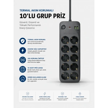 Mey İthalat® Termal Akım Korumalı USB Type-C Girişli 10lu Grup Priz 2500W Güç Kapasitesi (Kopya)