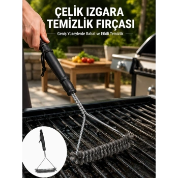 Mey İthalat® Uzun Saplı Paslanmaz Çelik Izgara Temizlik Fırçası Yeni Nesil