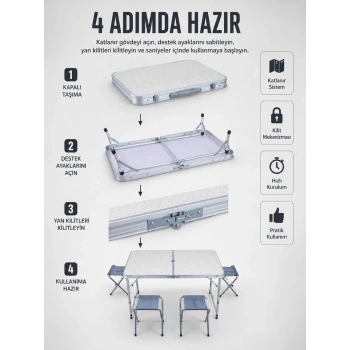 Mey İthalat® Valiz Tipi Katlanabilir Piknik Masası 4 Tabureli Taşınabilir Kamp Masası