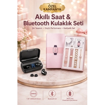 Mey İthalat® Wireless Şarjlı Pembe Akıllı Saat ve Kablosuz Bluetooth Kulaklık Dokunmatik Kontrol
