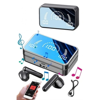 Mey İthalat® Yeni Nesil Kablosuz Kulaklık Aynalı Powerbank Özellikli Bluetooth Bağlantılı Dijital Göstergeli