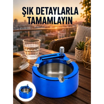Mey İthalat® Yuvarlak Metal Küllük Çakmak Entegreli Dayanıklı Yapı Yeni Nesil