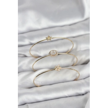 Mey İthalat® Zirkon Taşlı Gold Renk Tek Taş Model 3lü Kadın Bileklik Kombini