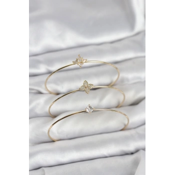 Mey İthalat® Zirkon Taşlı Gold Renk Yonca Model 3lü Kadın Bileklik Kombini