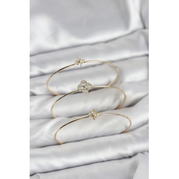 Mey İthalat® Zirkon Taşlı Gold Renk Yonca Tasarım 3lü Kadın Bileklik Kombini