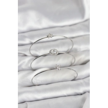 Mey İthalat® Zirkon Taşlı Gümüş Renk Tek Taş Model 3lü Kadın Bileklik Kombini