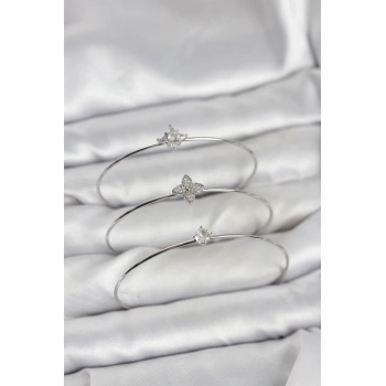 Mey İthalat® Zirkon Taşlı Gümüş Renk Yonca Model 3lü Kadın Bileklik Kombini